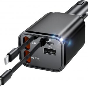 Aimtel Retráctil Cargador de Coche,PD USB Carga Rapida Cargador Automóviles Coche Cargador Adaptador Mechero Coche Compatible con iPhone 17/17Air/17Pro/16/15/14/13/Galaxy/Google/Huawei/Tablet