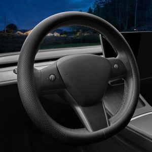 Funda de Volante de Coche a Medida para Tesla. Funda de Volante de napa Ultrafina con diseño Antideslizante y conversión en Accesorio Interior de Coche (para Tesla 3/Y) (Negro).
