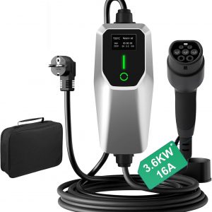 Cargador EV Tipo 2 Portátil de 3.6KW con Corriente Ajustable de 8A-16A, Estación de Carga para Vehículos Eléctricos, Compatible con Voltaje Doméstico de 240V, con Pantalla LED Digital y Bolsa