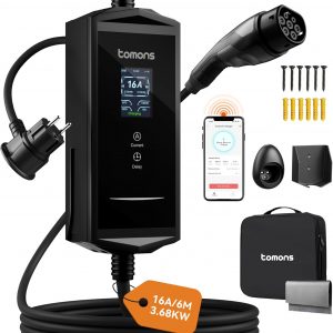 tomons Wallbox Type 2 Schuko 3,68 kW con App, 6m 6–16A | App: programa carga, ajusta(6/8/10/13/16A) e historial | IP65 | LCD | todos Tipo 2/PHEV | soporte mural incluido