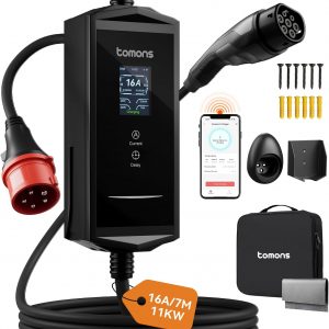 tomons Wallbox Portátil 11kW con App, 7m CEE 16A, LCD 2,4″,IP65 | Trifásico | App: programa carga, ajusta (6-16A) e historial | IP65 | LCD | todos Tipo 2/PHEV | soporte mural incluido
