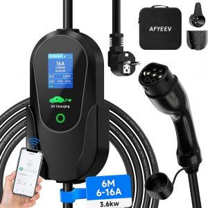 Cargador Coche Electrico 3,68 kW 6 m, EV Cargador Tipo 2 | Cable de Carga de Corriente Schuko con Corriente Ajustable y función App, Carga diferida de 1-15h 6-16 A, 1 Fase