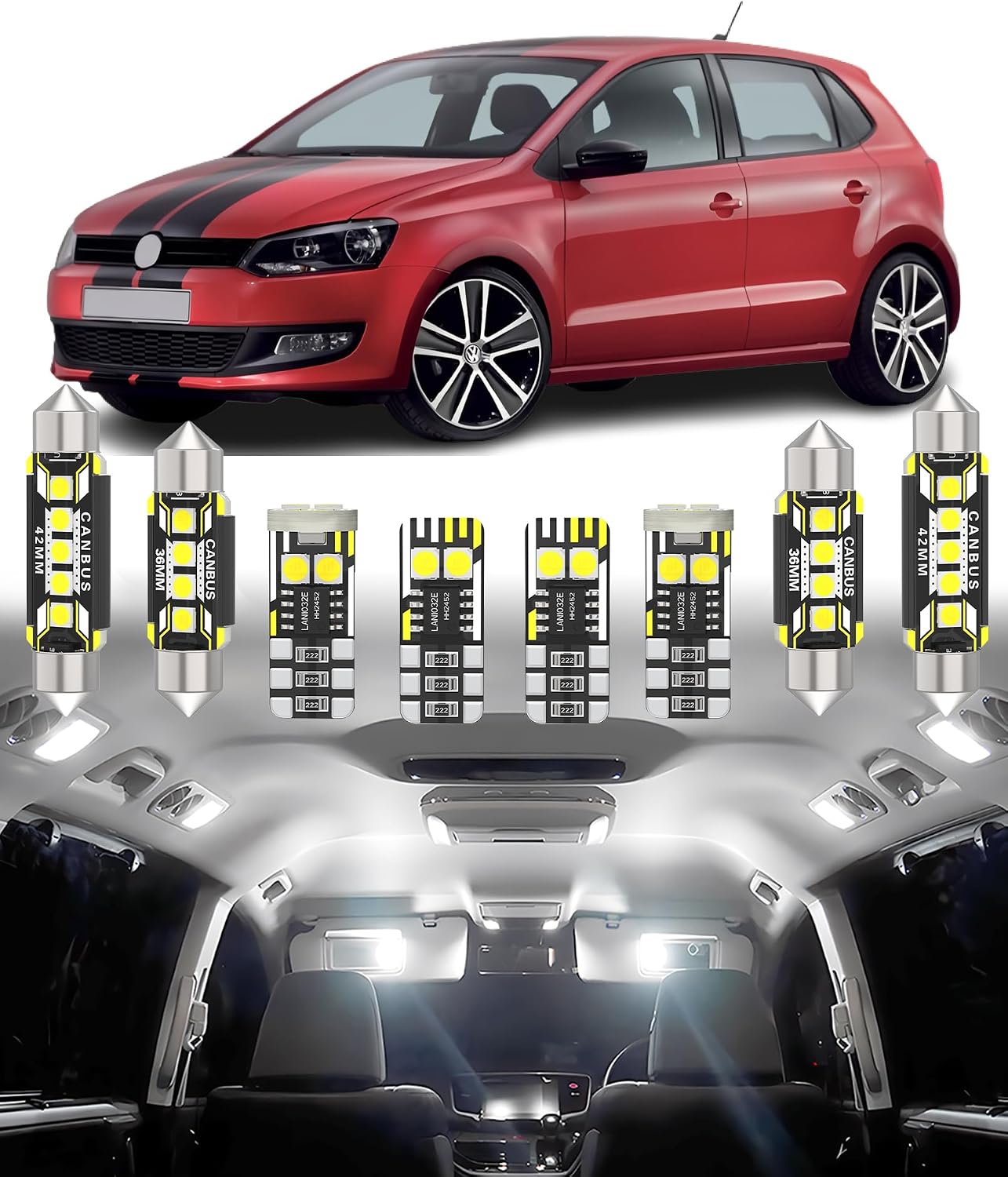 BMT xms Kit de Luces LED Interior para Volkswagen VW Polo MK4 MK5 9N 9N3 6R 6C 61 2002-2017, Bombilla LED Interior para Coches y Camiones, Blanco Brillante 6000K, 8 Piezas