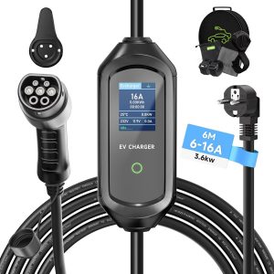 Cargador Coche Electrico, 3.6kW 6M 6-16A EV Cargador Tipo 2 | Cargador Coche Electrico Tipo 2 con Corriente Regulable 6A/8A/10A/13A/16A, 1–15H de Carga Diferida, IEC 62196-2 con Bolsa