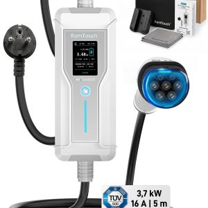 Cargador Coche Eléctrico (3,7 kW, 16 A, 5 m, Schuko a Tipo 2) | Monofásico | IP67 | 6–16 A | Timer + inicio diferido | LCD 2,4″ | RCD CA/CC | Cable Modo 2 / wallbox móvil | para VE y PHEV