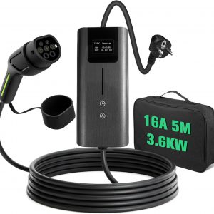 Junsun Cargador EV Portátil Tipo 2 3,6KW, Corriente Ajustable 8A-16A, Cargador para Coche Eléctrico con Cable 5M, Compatible con 220V-240V, Cable de Carga EV con Bolsa