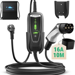 Cable de Carga Tipo 2 EV Schuko de 2 Pines, 3,68 kW monofásico [10-16 A] EV Cargador con Cable de Carga de 10 m, IP66 Resistente al Agua, estación de Carga móvil con Bolsa de Transporte