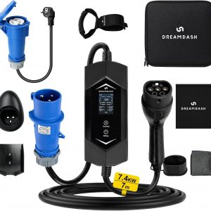 Cargador Coche Electrico Monofasico 7,4kw, Tipo 2 a enchufe Azul CEE 32A 3 Pines, Cable 7m, Adaptador Schuko, Ajustable 6-32A 1-12h, IP65 Trabajo -30 ℃ a 50 ℃, Wallbox portátil para BEV y PHEV