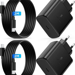 LumFocus 45W Cargador Carga Rapida, 2Pack USB C Cargador Rapido con 60W 2M Cable para Samsung Galaxy S25/S24/S23/S23+/S23 Ultra/S22/S21/S20/Note20/A73/A53/S10,Cargador Tipo C Carga Rapida Cabezal