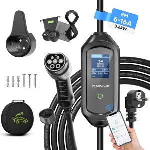 Cargador Coche Eléctrico Tipo 2, 3,6kW/8M/6-16A Wallbox con App | Cargador Vehículo Eléctrico Corriente Regulable 6A/8A/10A/13A/16A, 1–15H de Carga Diferida EV Tipo 2, IEC 62196-2 Con Bolsa