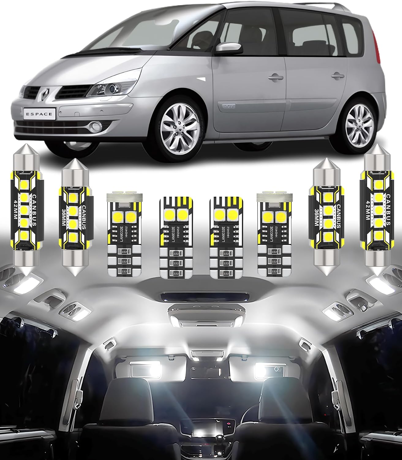 BMT xms Kit de Luces LED Interior para Renault Espace 4 IV 2003-2006/2, Blanco Brillante 6000K,18 Piezas