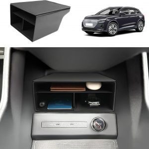 Caja de Almacenamiento para Consola Central Compatible con Audi Q4 e-tron EV 2021-2025, Bandeja de Reposabrazos, Organizador de Consola Central con Alfombrilla Antideslizante Negro