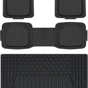Amazon Basics Juego de alfombrillas, universales, resistentes, de PVC, con forro de carga, protección contra todo tipo de clima, ribetes impermeables para auto, SUV, sedán, camiones, 4 unidad, Negro