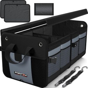 FORTEM Organizador Maletero SUV, Caja Plegable con Compartimentos, Accesorios Auto Mujer Hombre, Tela Oxford 1680D, Base Antideslizante, Correas Ajustables, Tapa Suave (65L)