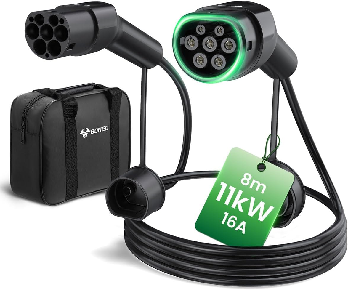 GONEO Cable de Carga Tipo 2 11kW 16A 8M, Modo 3 Cable Carga para Coche Eléctrico con Bolsa,IP54 Impermeable,Compatible con Tesla,Kia,BYD,Renault,MG,Volkswagen,etc