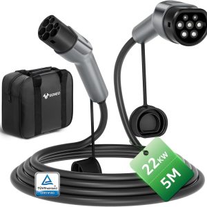GONEO Cable de Carga Tipo 2 22kW 32A 5M, Modo 3 Cable Carga para Coche Eléctrico con Bolsa,IP54 Impermeable,Compatible con Tesla,Kia,BYD,Renault,MG,Volkswagen,etc