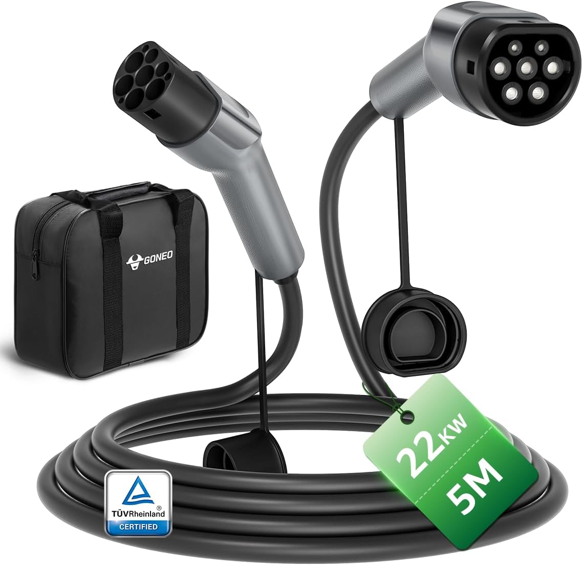 GONEO Cable de Carga Tipo 2 22kW 32A 5M, Modo 3 Cable Carga para Coche Eléctrico con Bolsa,IP54 Impermeable,Compatible con Tesla,Kia,BYD,Renault,MG,Volkswagen,etc