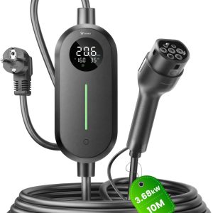 GONEO Cargador EV Tipo 2 Schuko 3,68 kW 16 A, Cable de Carga portátil de 10 m, 1 Fase 230 V, Wallbox móvil con Pantalla LCD, Temporizador e IP66, para ID.3, ID.4, Zoe, Model 3, Q3, X3 PHEV