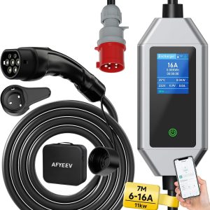 Cargador EV Mobile Wallbox de 11 kW Tipo 2, 7 m | 6-16A | Cable de Carga trifásico Tipo 2 Schuko con Enchufe CEE y función de conexión App, Cable de Carga Tipo 2 con Carga retardada de 1-15 h