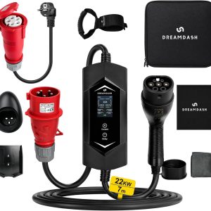 Cargador Coche Electrico Trifasico 22kW, Tipo 2 a enchufe rojo CEE 32A 5 Pines, Cable 7m, Adaptador Schuko, Ajustable 6-32A 1-12h, IP65, Trabajo -30 ℃ a 50 ℃, Wallbox portátil para BEV y PHEV