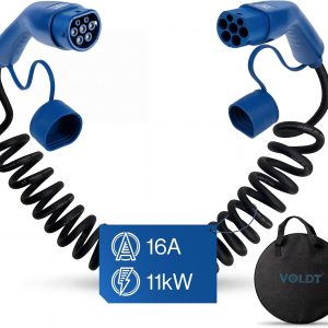 VOLDT Cable de carga en espiral tipo 2, 11 kW, 16 A, 3 fases para vehículos eléctricos EV PHEV, tipo 2 a tipo 2, modo 3, compatible con Tesla Model S/X/Y/3, ID.4, E-Tron, e-208, I4, IX1, Zoe, IP67