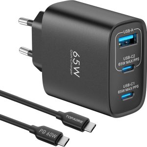 TOPADRE Cargador USB C 65W, 3-Ports Cargador Carga Rápida con 1M 60W Cable