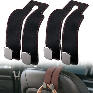 Gancho para Reposacabezas Auto, 2026 Ganchos para Asiento de Coche, Organizador de Asiento Trasero 2026, Gancho Doble para Bolsas y Carteros, Soporte de Cuero para Automóvil (Black-2pcs)