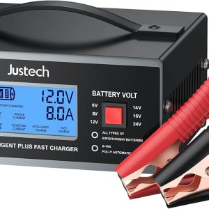 Justech Cargador de Baterias Coche y Moto 6/8/12/14/16/24V,0-10A,Cargador de Batería de Plomo-Ácido Inteligente con Pantalla LCD para AGM,Gel,SLA