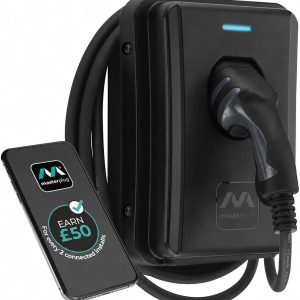 Masterplug Cargador de Pared Inteligente VE para Vehículos Eléctricos e Híbridos Tipo 2, con Cable Fijo de 5m, Modo 3, Control por App, Carga Solar, Monofásico, Negro, IP65, 7,4kW, 32A, EVCM3ST7B/EU